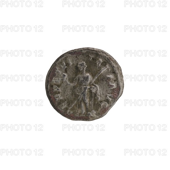 Denarius; obverse: Alexander Severus Roman emperor, 222–235; reverse: Perpetuitas personification; iconography; date circa 228–231; Roman Empire; mint: Rome; coin; diameter 17.0–18.5 mm; weight 2.50 g, A round, worn coin with a rough, textured surface showing a faint figure in relief at its center; the figure appears to be standing and holding a long, thin object. The coin displays uneven edges and patches of darker and lighter tones, with visible colors including gray, dark brown, muted green, and hints of reddish-brown. The background around the coin is plain white.