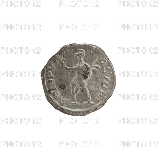 Denarius, Alexander Severus 208–235; Roman emperor 222–235; obverse: portrait and ruler titles; reverse: Roman deity Mars iconography; Roman Empire, Rome; coin; diameter 18.0–18.5 mm; weight 2.90 g, A round, worn metallic object with a rough, uneven edge showing a raised design of a standing human figure facing sideways; the figure appears to wear a short skirt or tunic and holds an object in one hand while the other arm is extended, and there is a suggestion of a staff or long object behind the figure. The surface shows areas of darker tarnish and spots, with the metal appearing primarily gray and silver with some darker gray and brownish discoloration.
