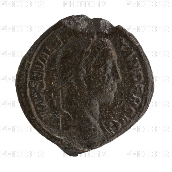 sestertius, Alexander Severus Roman emperor; 222–235 — iconography, personifications, Libertas personification, 229, Rome; Roman Empire 27 BC–476; coin; diameter 32.0–33.0 mm; weight 25.08 g, A round, dark brown object with an uneven, textured surface and a slightly irregular edge, showing the raised profile of a person's head in the center and a circular raised border around it; the surface has small lighter speckles and worn areas, and overall the visible colors are dark brown with hints of lighter brown and small flecks of yellowish tones.