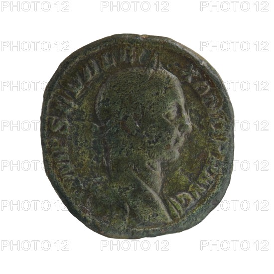 Sestertius; obverse: emperor on quadriga iconography; Alexander Severus Roman emperor, r. 222–235 — iconography; dated 229; Roman Empire; minted in Rome; coin; diameter 28.0–30.0 mm; weight 21.55 g., A circular coin with a worn raised profile of a person facing right, showing a head, neck, and shoulders in relief; the surface is mottled with green, dark green, brown, and hints of black patina; a raised rim encircles the portrait and there are textured, irregular areas and shallow indentations across the coin giving it an aged, corroded appearance.