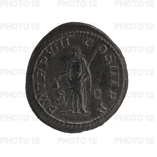 as, personifications, Libertas personification, Alexander Severus Roman emperor; 222–235 - iconography, 229, Roman Empire 27 BC–476 place, Rome, coin, coin: diameter 26.0 mm, diameter 28.0 mm, weight 11.73 g, A circular dark gray coin with a raised rim and textured surface, showing the faint outline of a standing human figure holding a staff or spear; the figure appears draped in clothing and faces slightly to one side, with the interior rim and outer edge visible against a white background.