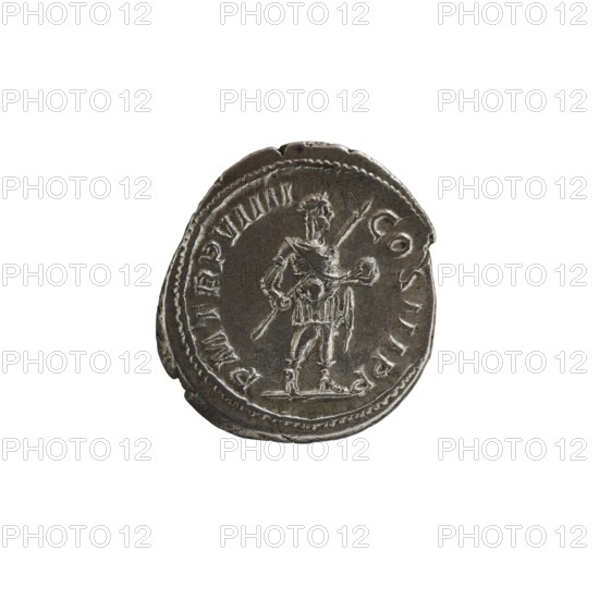 Denarius, Alexander Severus Roman emperor; 222–235 — obverse/depicts standing emperor; iconography includes spears and globes; dated 230; Roman Empire 27 BC–476, Rome; coin; diameter 18.0 mm and 20.5 mm; weight 3.99 g., A circular metallic coin with a worn surface showing a raised depiction of a standing human figure holding a long staff and a smaller object, surrounded by a raised border and worn ornamentation; the coin appears silver-gray with darker gray shadows and lighter silvery highlights, and shows irregular edges and textured wear.