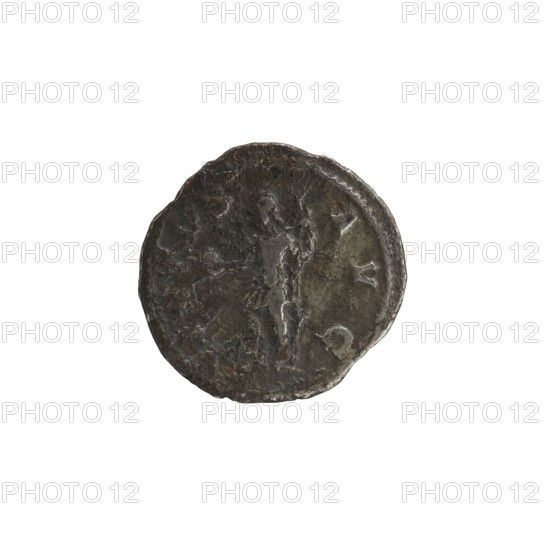 denarius, Alexander Severus Roman emperor; 222–235 — obverse and reverse iconography with personifications including Virtus; dated 228–231; Roman Empire; minted in Rome; coin; diameter ~19–20 mm; weight 2.55 g, A worn round coin with an uneven edge showing a predominantly dark gray surface with areas of lighter gray and muted brown patina, displaying raised and recessed textured details including a central vertical raised element and irregular surface markings, set against a plain white background.