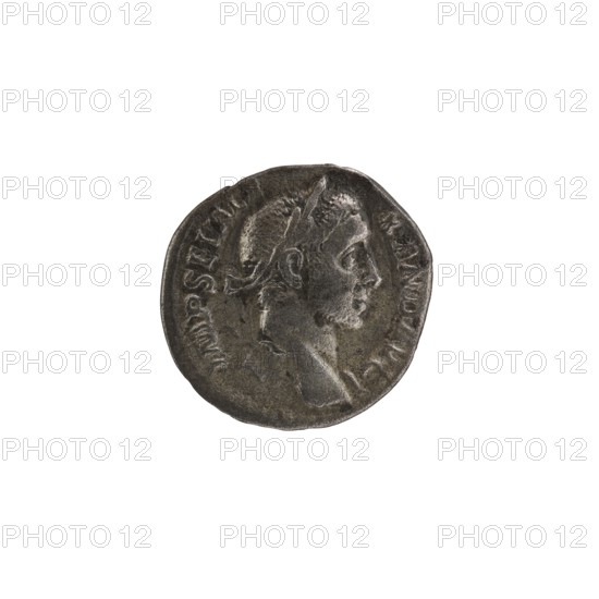 Denarius depicting Roman deities and Sol; obverse with Alexander Severus Roman emperor, 222–235 — iconography; dated 230; Roman Empire 27 BC–476, Rome; coin; diameter ~18–19 mm; weight 2.11 g., A circular metallic coin with a worn, textured surface showing a raised profile of a person facing right, with short hair and a headband or wreath; the coin appears aged with darker and lighter grey tones and subtle brownish patina, and there is a ring of worn raised markings around the edge.