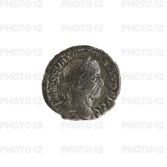Denarius; Roman deities; Sol mythology; Alexander Severus Roman emperor, 222–235 — iconography; dated 230; Roman Empire 27 BC–476, Rome; coin; diameter 18.0–19.5 mm; weight 1.85 g, A single round metallic object with a worn, textured surface showing a raised profile of a person's head in side view; the object appears predominantly gray with darker and lighter silver tones, and the raised details create subtle highlights and shadows.