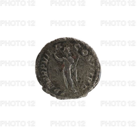 Denarius; Roman deities; Sol; Alexander Severus Roman emperor, 222–235 — iconography; dated 230; Roman Empire 27 BC–476, Rome mint; coin; diameter 18.0–19.5 mm; weight 1.85 g, A round, worn coin with a rough, textured surface showing a raised, narrow-relief figure of a standing person in the center; the figure appears elongated with one arm raised and the other lowered. The coin shows uneven edges and shallow grooves around the perimeter suggesting an embossed border. The visible colors are dark gray with lighter gray highlights and subtle hints of brownish or reddish discoloration in spots, and a faint bluish tint near the rim.