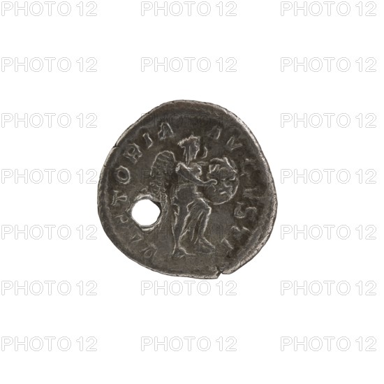 denarius with hole, Alexander Severus 208–235; Roman emperor 222–235 issuer; Roman deities, Victoria mythology; Alexander Severus — iconography, 228–231; Roman Empire 27 BC–476, Rome; coin; diameter 18.0 mm, diameter 19.0 mm; weight 2.80 g, A round metallic object with a worn, dark gray surface and lighter gray highlights, showing an embossed figure with wings standing and holding a round shield; there is a circular hole near the figure and a small chip on the rim, with a ring of raised, irregular markings around the edge.