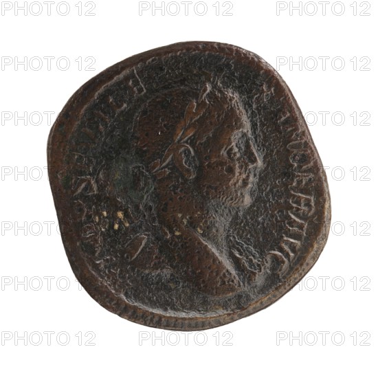 Sestertius coin depicting personifications and Alexander Severus Roman emperor, 222–235; reverse: Virtus personification, dated 228–231; Roman Empire place of origin: Rome; coin, diameter 28.5–30.0 mm, weight 20.01 g., A round, worn coin in shades of dark brown with areas of lighter brown and small greenish spots; the coin shows a raised profile of a person facing right with visible facial features and headwear, and a textured, uneven surface with a raised rim and faint decorative elements around the edge.