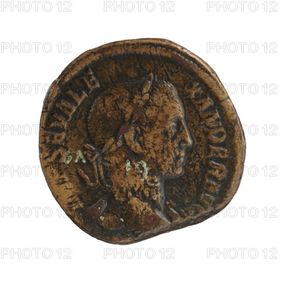 sestertius; Justitia personification; Alexander Severus Roman emperor, 222–235; iconography, personifications; 228–231 CE; Roman Empire; Rome mint; coin; diameter 28.0–30.0 mm; weight 19.85 g, A round, worn metal coin with a raised profile of a person's head facing right; the surface shows irregular patina and areas of darker wear, with small patches of greenish corrosion and some reddish-brown spots. The coin's dominant colors are brown, dark brown, greenish, and hints of reddish tones, and the rim appears slightly irregular and dented.