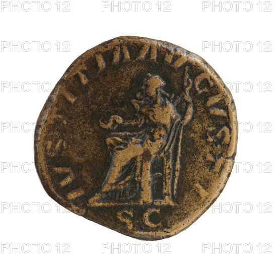sestertius; Justitia personification; Alexander Severus Roman emperor, ruled 222–235; iconography, personifications; dated 228–231; Roman Empire 27 BC–476, Rome mint; coin; diameter 28.0–30.0 mm; weight 19.85 g, A round, worn metal coin with a patina of brown and dark brown tones shows a relief of a seated figure draped in robes, holding a staff or scepter, with a few raised decorative elements and an uneven edge.