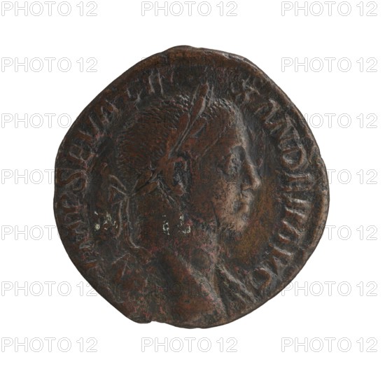 sestertius; Sol mythology; Roman deities; Alexander Severus Roman emperor; 222–235 — iconography; dated 230; Roman Empire 27 BC–476, Rome; coin; diameter 28.0–29.0 mm; weight 16.97 g, A circular metal coin with a worn portrait in profile of a person facing right, showing facial features, short textured hair, and a laurel or leafy headband; the coin surface is uneven and pitted with areas of darker and lighter wear, and there are traces of greenish and reddish corrosion; the overall colors visible are brown, dark brown, black, green, and hints of red.