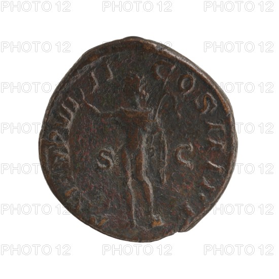 Sestertius; subject: Sol mythology and Roman deities; portrait/issue of Alexander Severus Roman emperor, ruled 222–235 — iconography; date: 230; place: Roman Empire 27 BC–476, Rome; object type: coin; material: coin; diameter 28.0–29.0 mm; weight 16.97 g., A round, worn metal object with a dark brown and greenish patina showing irregular reddish and black spots, featuring the lightly raised, weathered outline of a standing human figure at its center and a few faint raised marks around the edge, against a plain white background.