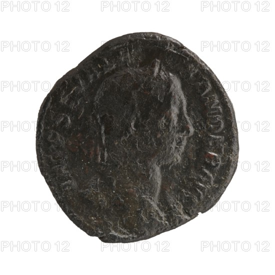 Sestertius; Roman deities; Alexander Severus Roman emperor, 222–235; iconography: Sol mythology; dated 230; Roman Empire 27 BC–476; place: Rome mint; coin; diameter 28.5–30.0 mm; weight 20.20 g, A worn dark brown circular coin with uneven edges showing a raised profile of a person facing right, with textured surface variations and small areas of lighter brown and reddish-brown patina.