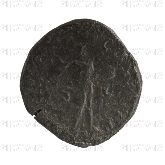 Sestertius coin depicting Roman deities and Sol; obverse associated with Emperor Alexander Severus reigned 222–235. Date: 230. Culture: Roman Empire 27 BC–476. Mint: Rome. Materials/format: coin; diameter 28.5–30.0 mm; weight 20.20 g., A roughly circular dark object with an uneven, textured surface and irregular edges, showing a few shallow grooves and worn areas; the predominant color is dark gray to black with lighter gray highlights in the surface irregularities, and small patches of slightly brownish tones around some worn spots.