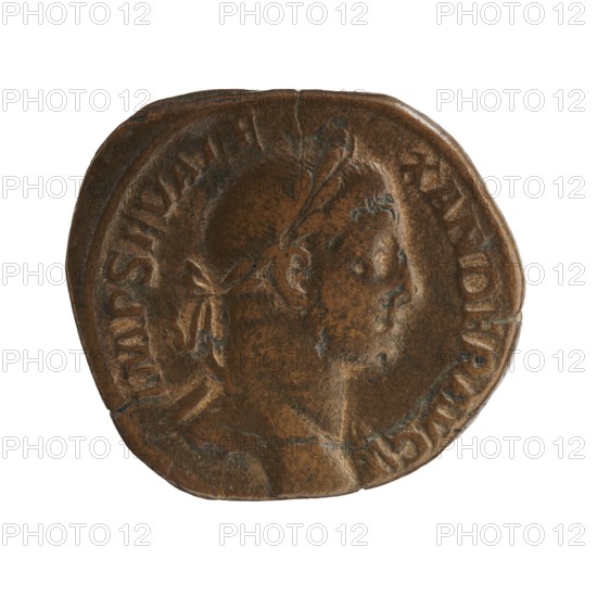Sestertius; personifications; Virtus personification; Alexander Severus Roman emperor, 222–235 — iconography, 228–231; Roman Empire 27 BC–476; Rome; coin; coin: diameter 27.5 mm–30.0 mm; weight 15.45 g, A round metal object with a worn brown surface showing a raised profile of a person's head facing right, surrounded by a raised border and a ring of decorative raised markings; the head appears to wear a laurel wreath and a tied ribbon at the back, and the surface shows areas of darker brown and hints of greenish patina.