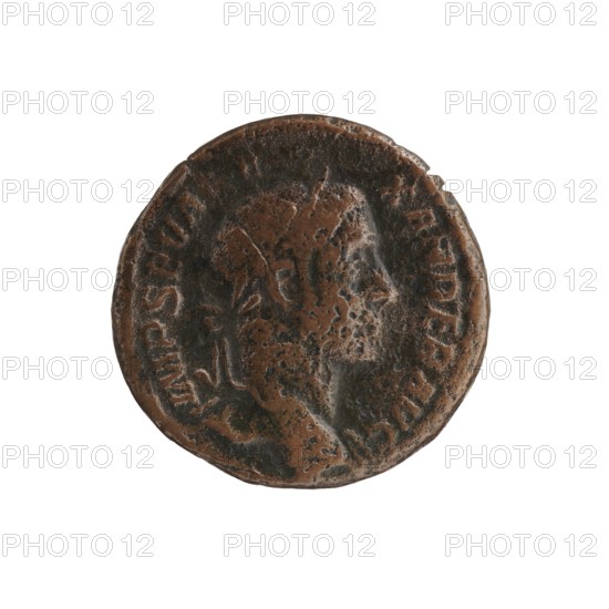 As forgery, Alexander Severus 208–235; Roman emperor 222–235 — personifications; Alexander Severus Roman emperor; 222–235 — iconography; Justitia personification; 230 for the original; Rome; Roman Empire 27 BC–476; coin, forgery; coin: diameter 24.5 mm, diameter 25.0 mm, weight 13.69 g, A round, worn metal coin with an uneven, textured surface showing areas of brown and dark brown patina, featuring a raised profile of a person's head in the center with visible facial contours and hair, and a raised rim around the edge with scattered raised markings; the coin's surface shows pitting and darker spots and the overall colors visible are brown and dark brown.