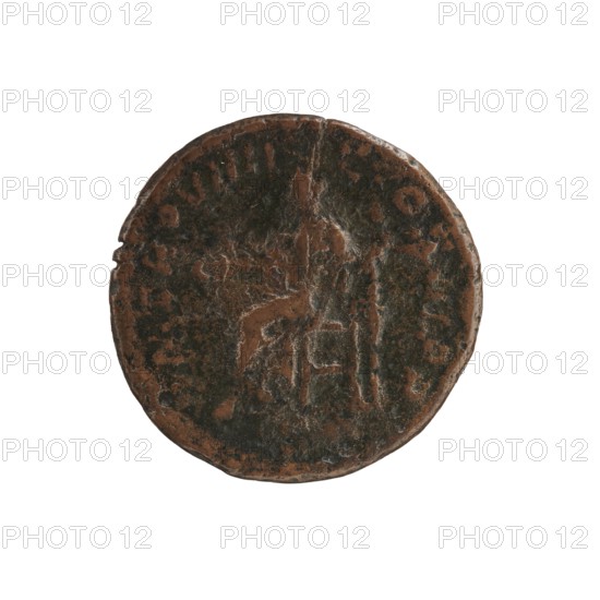 as forgery, Alexander Severus 208–235; Roman emperor 222–235 role classification of creator / personal mottoes / titles, positions / hierarchy of power / ruler, personifications, Alexander Severus Roman emperor; 222–235 - iconography, Justitia personification, 230 for the original, Rome for the original, Roman Empire 27 BC–476 for the original, coin, forgery, coin: diameter 24.5 mm, diameter 25.0 mm, weight 13.69 g, A circular, worn coin with a dark brown and greenish-black patina, showing raised and indented areas from wear; the surface has irregular rough textures and a few smoother brown highlights where the metal shows through, with an overall mottled appearance and slightly irregular edge.