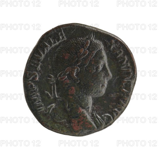 Sestertius; Roman deities; Victoria; Alexander Severus Roman emperor, 222–235 — iconography; 228–231; Roman Empire 27 BC–476, Rome; coin; diameter 27.5–29.0 mm; weight 16.70 g, A round metal coin with a worn raised profile of a person facing right, showing a head with short hair and a laurel-like headband, and a draped shoulder; the surface shows areas of dark green, brown, black, and reddish discoloration and patina, with uneven edges and a slightly irregular shape.