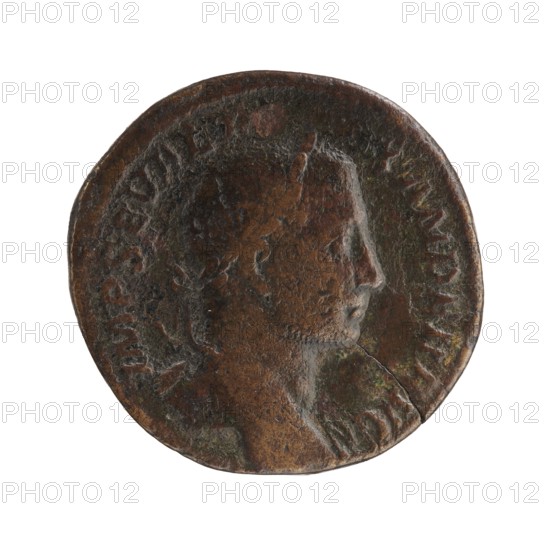 sestertius; Roman deities; Victoria; Alexander Severus Roman emperor, 222–235 — iconography, 228–231; Roman Empire 27 BC–476, Rome; coin; diameter 29.5–31.0 mm; weight 16.10 g, A circular object with a worn, textured surface showing shades of brown, dark brown, greenish patina, and hints of black, featuring a raised profile of a person's head facing right with visible facial features and hair, surrounded by a raised rim and faint raised markings along the edge.