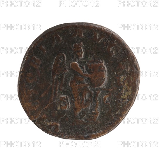 Sestertius; Roman deities; Victoria; Alexander Severus Roman emperor, 222–235 — iconography; 228–231 CE; Roman Empire 27 BC–476 — Rome mint; coin; diameter 29.5 mm, diameter 31.0 mm; weight 16.10 g, A round, worn object with a mottled dark brown and rusty orange surface showing a raised, faintly visible figure seated and holding a shield-like shape, with a winged form beside the figure and a visible crack near the edge; background is white and colors include dark brown, rusty orange, black, and hints of greenish patina.