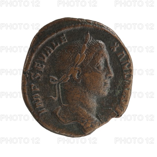 Sestertius; Roman deities; Alexander Severus Roman emperor; 222–235 — iconography; Victoria mythology; 228–231; Roman Empire 27 BC–476, Rome; coin; diameter 27.5 mm, diameter 29.5 mm; weight 17.32 g, A round metal coin with a worn raised profile of a person facing right, wearing a laurel wreath with tied ribbons at the back; the coin surface shows uneven texture and wear with areas of darker brown and lighter brown patina and some greenish discoloration, and the rim appears slightly irregular and chipped.