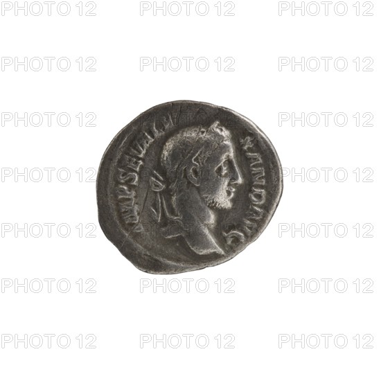 Denarius; personification Fides Fidelity; Alexander Severus Roman emperor, 222–235 — iconography; dated 228–231; Roman Empire 27 BC–476, Rome; coin; diameter 18.0–20.0 mm; weight 2.71 g, A round metallic coin with a worn surface showing a raised profile of a person facing right, featuring short hair and a beard, set against a lighter background; the coin appears in shades of gray and silver with darker gray relief and slight tarnished areas, and a few uneven edges and surface scratches are visible.