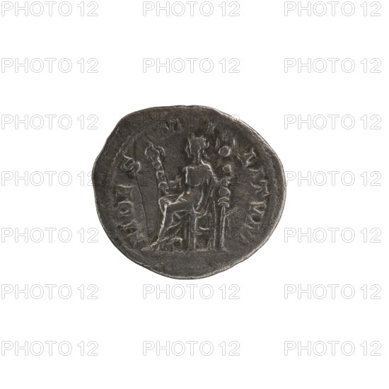 Denarius; personification: Fides Fidelity; Alexander Severus Roman emperor, 222–235 — iconography, 228–231; Roman Empire 27 BC–476, Rome; coin; diameter 18.0–20.0 mm; weight 2.71 g, A round, worn coin with a dark gray metallic surface showing a seated figure in relief at its center, surrounded by a raised border and faint decorative elements; the background around the coin is white.
