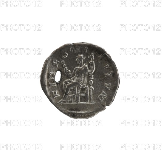 Denarius with hole, 228–231 CE, Roman Empire 27 BC–476, struck in Rome; coin; diameters 18.0 mm and 19.0 mm; weight 2.15 g, A small round metallic object with a dark gray and silver tone showing wear and irregular edges, featuring a raised design of a seated figure on a chair holding an object, with a carved hole near one side and a ring of shallow decorative marks around the perimeter.