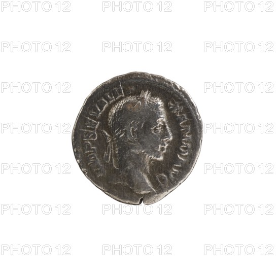 Denarius; personifications; Alexander Severus Roman emperor, 222–235 — iconography: Fides Fidelity, personification; dated 228–231; Roman Empire 27 BC–476, Rome mint; coin; diameter 19.0–19.5 mm; weight 2.56 g., A circular metallic coin with a worn surface showing a raised profile of a person's head in relief facing right; the coin appears dented and slightly irregular at the edges and has textured, uneven surfaces and shallow grooves; visible colors include shades of silver, dark gray, and hints of brownish patina against a white background.