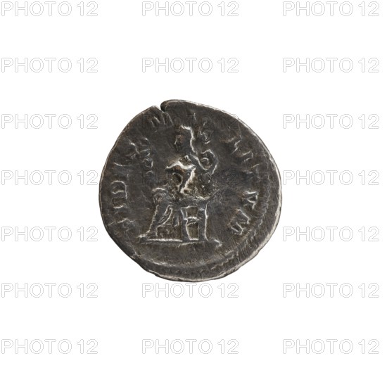Denarius; personifications; Alexander Severus Roman emperor, 222–235 — iconography: Fides Fidelity, personification; dated 228–231; Roman Empire 27 BC–476, Rome; coin; diameter 19.0–19.5 mm; weight 2.56 g., A round metallic object with a dark gray, weathered surface showing irregular edges and wear; the object displays a faint raised image of a seated figure and some surrounding raised marks; the surface has lighter gray highlights on raised areas and subtle brownish tones in worn spots, set against a plain white background.
