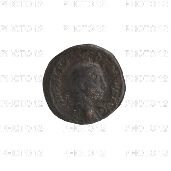 Denarius, Alexander Severus 208–235; Roman emperor 222–235. Obverse: portrait of Alexander Severus; legends with titles and imperial mottos. Reverse: Fortuna Roman deity iconography. Date: 231–235 CE. Place of origin: Rome, Roman Empire. Medium/format: coin; diameter 19.0–19.5 mm; weight 3.35 g., A circular dark brown and black coin with a worn raised profile of a person's head visible in the center, surrounded by a slightly raised rim; the surface shows areas of lighter brown and grayish spots and some rough texture, with a few small patches of reddish-brown discoloration.
