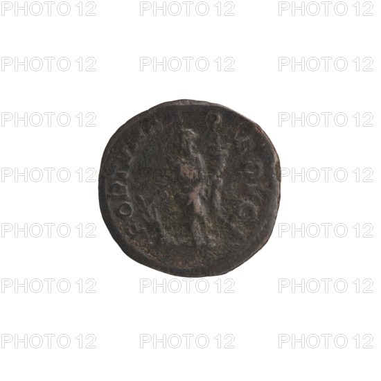 Denarius, Alexander Severus 208–235; Roman emperor 222–235. Issuer: Alexander Severus. Obverse/back: Roman deities, Fortuna mythology; iconography of Alexander Severus Roman emperor; 222–235. Date: 231–235. Place of origin: Rome, Roman Empire 27 BC–476. Object type: coin. Material/measurements: diameter 19.0–19.5 mm; weight 3.35 g., A round, worn coin with a dark brown and slightly greenish patina sits against a white background; the coin shows a raised, central figure in relief with indistinct features and a staff-like object, surrounded by a rim and faint raised markings along the edge, and the surface has uneven texture and areas of lighter brown and green discoloration.