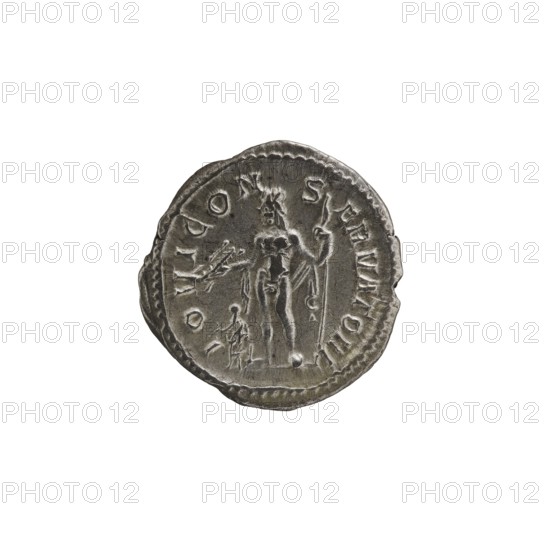 Denarius depicting Jupiter; Roman deities; Alexander Severus Roman emperor, 222–235; iconography; dated 228–231; Rome mint; Roman Empire 27 BC–476; coin; diameter 19.0–20.0 mm; weight 2.62 g, A round metallic object with a worn surface and irregular edges showing a raised central figure standing and holding objects, accompanied by a smaller standing figure and decorative elements around the rim, displayed on a plain white background; colors visible include silver, gray, and dark gray.