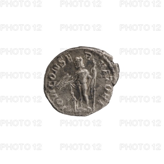 Denarius depicting Roman deities and Jupiter; obverse/legend associated with Emperor Alexander Severus reigned 222–235; iconography dated 228–231 CE; Roman Empire 27 BCE–476 CE, minted in Rome; coin denarius, diameter 17.0–19.0 mm, weight 2.55 g., A circular metallic object with a worn, uneven rim and a textured surface, showing a raised central figure in relief that appears draped and holding an elongated staff or rod, with a few smaller raised shapes around the figure; the object is primarily gray and silver with darker gray areas in recessed parts and slight brownish patina in some spots, set against a plain white background.