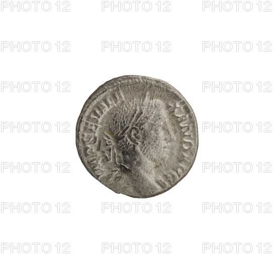 denarius; obverse: Jupiter; Alexander Severus Roman emperor, 222–235; iconography: Roman deities; date: 228–231; place of origin: Rome; culture: Roman Empire 27 BC–476; type: coin; diameter: 17.5–18.0 mm; weight: 2.78 g, A round metallic object with a worn, textured surface showing a raised profile of a person in side view; the object appears primarily silver-gray with areas of darker gray and small hints of bluish-green patina, and the background is plain white.