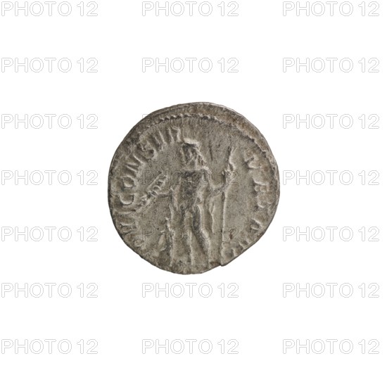 Denarius depicting Jupiter; Alexander Severus Roman emperor; 222–235. Iconography of Roman deities. Date: 228–231. Place of origin: Rome, Roman Empire 27 BC–476. Coin. Diameter: 17.5–18.0 mm. Weight: 2.78 g., A round, worn coin with a textured surface showing an upright human figure in relief, the figure holding a long staff in one hand and a smaller object in the other, surrounded by a raised rim; the coin appears in shades of gray and muted silver with areas of darker gray patina and slight brownish discoloration, set against a plain white background.