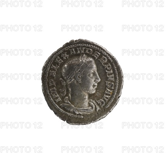 Denarius of Alexander Severus reigned 222–235 CE. Obverse: bust of Alexander Severus Roman emperor, 222–235. Reverse: Jupiter Roman deity. Roman Empire, Rome. Coin, diameter ~19–20 mm, weight 3.29 g. Iconography dated 231–235., A circular metallic coin with a raised profile of a man facing right wearing a laurel wreath and a draped garment, surrounded by a raised beaded rim and an outer decorative border; the coin shows varying tones of silver, gray, and dark gray with some darker areas of patina and lighter worn highlights.