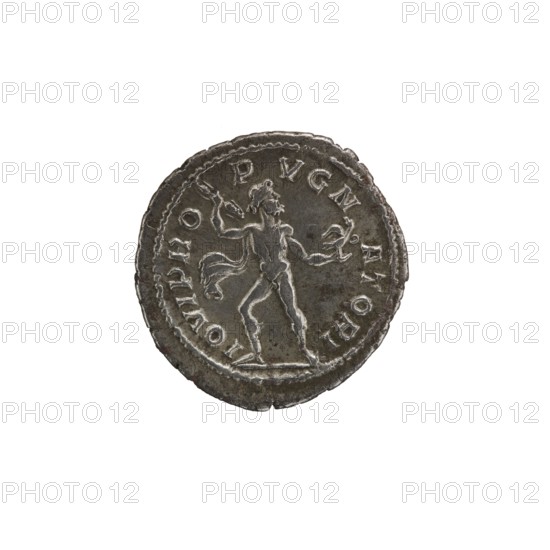 Denarius of Alexander Severus reigned 222–235 CE. Obverse: portrait of Alexander Severus Roman emperor, 222–235. Reverse: Jupiter Roman deity. Roman Empire; Rome mint. Coin; diameter ~19–20 mm; weight 3.29 g. Iconography dated ca. 231–235., A round metallic object with a worn, uneven rim showing a raised design of a human-like figure standing with arms extended and draped cloth, all in shades of gray and silver with darker gray patina in recessed areas; the surface shows scratches and small irregularities and the background is white.