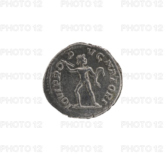 Denarius of Alexander Severus Roman emperor, 222–235 CE. Obverse: portrait of Alexander Severus issuer, ruler. Reverse: Jupiter iconography. Dated 231–235. Roman Empire; Rome mint. Silver coin; diameters 18.0 mm and 19.5 mm; weight 3.01 g., A round metallic object with a dark gray surface and lighter worn edges showing a raised design of a standing human figure in profile with one arm extended and a flowing shape behind them, set against a plain white background.
