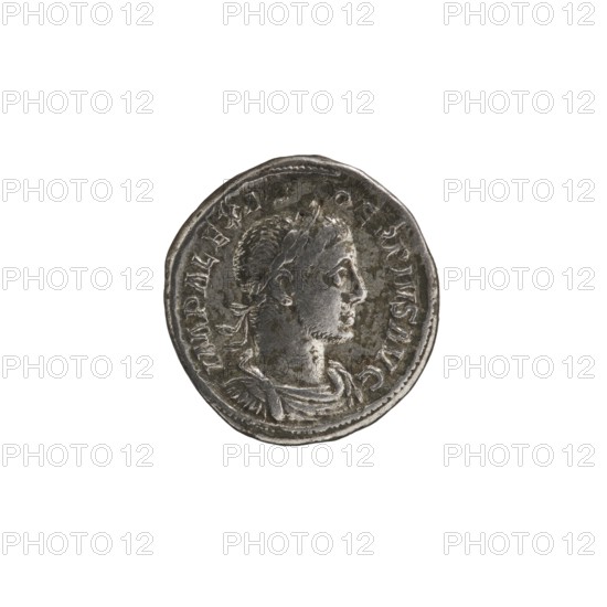 Denarius of Alexander Severus Roman emperor 222–235 CE, featuring Alexander Severus issuer and Roman deities; obverse/legend attributes and imperial titles; iconography includes Jupiter. Date: 231–235 CE. Place of origin: Rome, Roman Empire. Material: coin; diameter 19.0 mm; weight 3.24 g., A round metallic coin with a worn surface showing a raised profile of a person facing right, with short hair and a laurel or headband and a draped garment at the neck; the coin is primarily silver-gray with darker gray patina in recessed areas and lighter silvery highlights on raised details, and it sits against a plain white background.