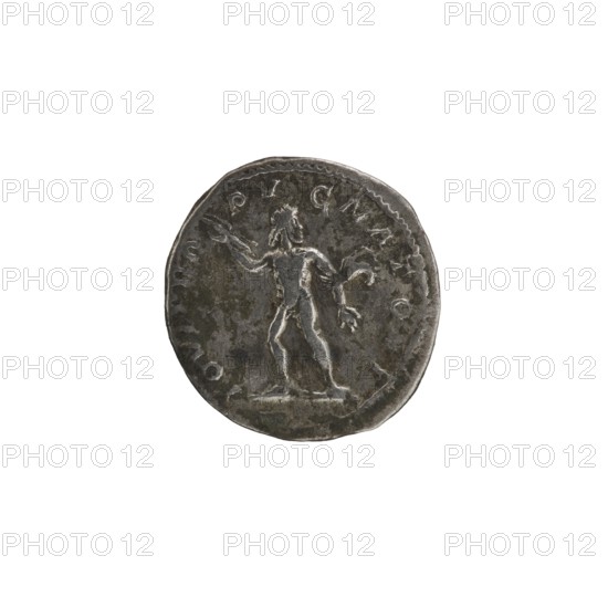 Denarius of Alexander Severus Roman emperor, ruled 222–235 CE, 231–235 CE. Obverse: portrait/iconography of Alexander Severus. Reverse: Jupiter mythology. Roman coin, minted in Rome, Roman Empire 27 BCE–476 CE. Diameter 19.0 mm; weight 3.24 g., A round metallic object with a worn, dark gray surface and lighter gray highlights showing a raised figure of a person standing with one arm extended and the other bent, surrounded by an irregular raised border; the object shows areas of tarnish and uneven texture with darker spots and a slightly irregular edge, and the background is white.