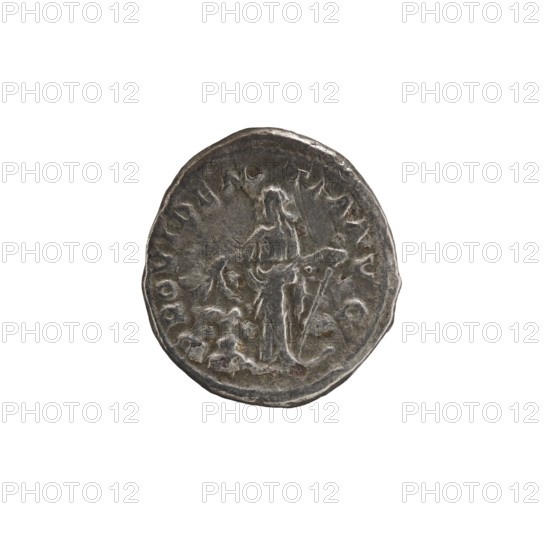Denarius of Alexander Severus 208–235; Roman emperor 222–235. Obverse: bust of Alexander Severus issuer. Reverse: Providentia personification. Date: 231–235 CE. Roman, minted in Rome. Coin; diameter ~19–20 mm; weight 3.27 g., A round, weathered coin with a dark gray metallic surface showing wear and slight irregularities along its edge, featuring a raised central figure of a standing person with draped clothing and an outstretched arm, surrounded by worn raised markings and textured areas, with visible highlights of lighter gray and small darker spots.