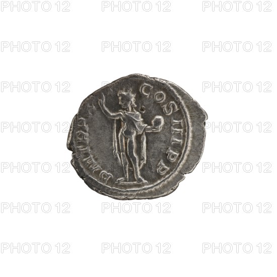 Denarius; Roman deities; Sol; Alexander Severus Roman emperor, 222–235 — iconography; 231 CE; Roman Empire 27 BC–476 — place of origin: Rome; mint; coin; diameter 18.0 mm and 20.5 mm; weight 2.76 g., A round metallic object with a worn, textured surface showing a raised central figure of a standing person in a draped garment holding a round object and raising an arm, surrounded by a raised border and a ring of indented markings; the metal appears silver-gray with darker gray shadows and lighter gray highlights, and the edges show uneven, slightly chipped areas.