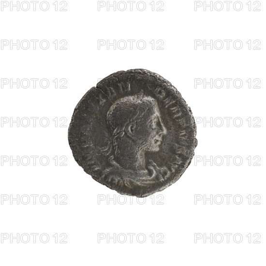 Denarius; Roman deities; Sol; Alexander Severus Roman emperor, 222–235 — iconography; dated 231; Roman Empire 27 BC–476, Rome; coin; diameter 18.5–19.0 mm; weight 2.27 g, A round, worn coin with a raised profile of a person's head facing right, showing short hair and a defined nose and chin; the coin surface appears textured and uneven with a slightly rough edge. The visible colors are dark gray, black, and lighter gray highlights.