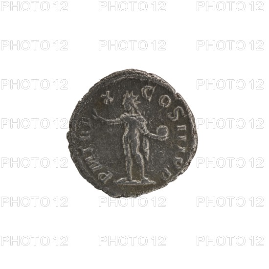Denarius; Roman deities; Sol mythology; Alexander Severus Roman emperor, 222–235 — iconography; 231; Roman Empire 27 BC–476; Rome mint; coin; diameter 18.5–19.0 mm; weight 2.27 g, A round, worn coin with a textured, uneven edge showing a standing human figure in relief at its center, arms extended with one arm holding a circular object and the other arm slightly raised; a small star-like shape appears above the figure’s head and there are several raised decorative marks around the figure along the rim. The coin’s surface is predominantly dark gray with lighter gray highlights on the raised areas and edges, and subtle brownish tones in some recessed areas.