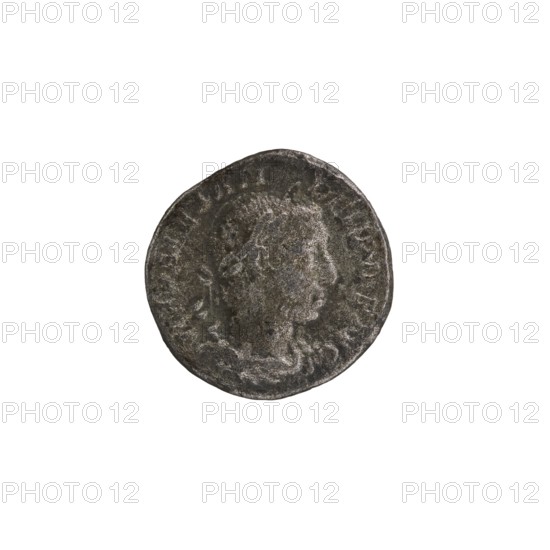 Denarius; Roman deities; Sol mythology; Alexander Severus Roman emperor, 222–235 — iconography; 231; Roman Empire 27 BC–476 place of origin; Rome mint; coin; diameter 17.0 mm; diameter 18.0 mm; weight 2.98 g, A round, worn metallic object with a textured surface showing a raised profile of a person facing right, surrounded by a raised border; the object appears in shades of dark gray, silver-gray, and a few areas of lighter gray with subtle darker spots, set against a plain white background.