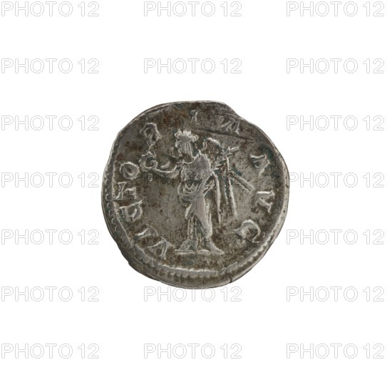 Denarius of Alexander Severus reigned 222–235 CE. Obverse: portrait of Alexander Severus; Inscription indicating emperor and titles. Reverse: Victoria winged Victory figure. Roman Imperial coin, struck in Rome, Roman Empire 27 BC–476. Diameter 19.0 mm; weight 2.91 g., A round metallic coin with a worn surface showing a raised figure of a standing person in profile holding an object, surrounded by a rim and faint raised markings; the coin appears mainly gray with darker gray and brownish spots and hints of greenish-blue discoloration.