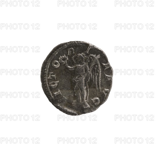 Denarius, Alexander Severus 208–235; Roman emperor 222–235. Obverse: issuer Alexander Severus; Reverse: Roman deity Victoria. Iconography dated 228–231, Rome, Roman Empire 27 BC–476. Coin; diameter 18.5–19.0 mm; weight 2.30 g., A round, worn coin with a dark gray metallic surface shows a raised central figure with outstretched arm and a winged form behind it; the coin's edge is irregular and there are faint raised markings around the perimeter. The visible colors are dark gray, lighter gray highlights, and small areas of muted brownish discoloration.