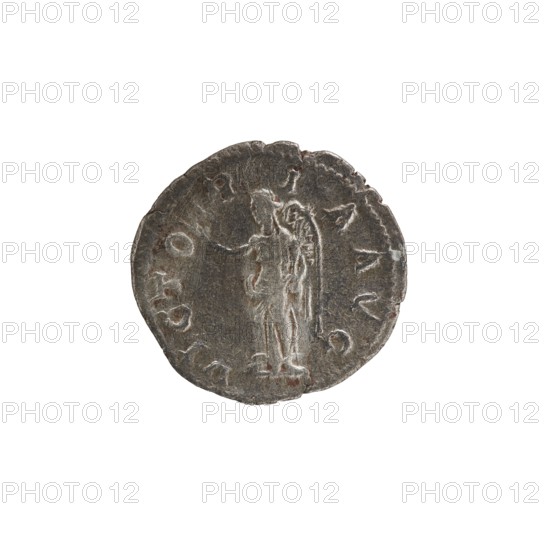 Denarius of Alexander Severus 208–235; Roman emperor 222–235. Obverse: issuer Alexander Severus ruler. Reverse: Roman deity Victoria. Iconography dated 228–231, Roman Empire 27 BC–476, Rome. Coin; diameter ~19–20 mm, weight 2.22 g., A round, worn coin with a metallic gray surface showing signs of age and slight brownish discoloration, featuring a raised figure with wings standing in the center and facing to one side, surrounded by a raised rim and irregular edges.