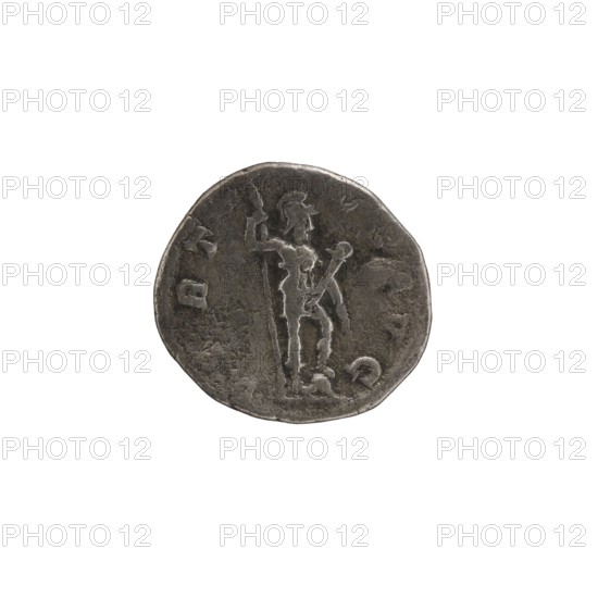 Denarius of Alexander Severus Roman emperor 222–235. Obverse: laureate/diademed bust of Alexander Severus; Reverse: personification Virtus. Roman Empire, Rome; dated 231–235. Coin silver; diameter approx. 17–19 mm, weight 3.26 g., A circular metallic object with a weathered dark gray and silver surface sits against a plain white background; the object shows an incised figure standing upright holding a long vertical staff in one hand and a smaller object in the other, with visible raised and worn edges and a textured pitted surface in shades of gray and silver.